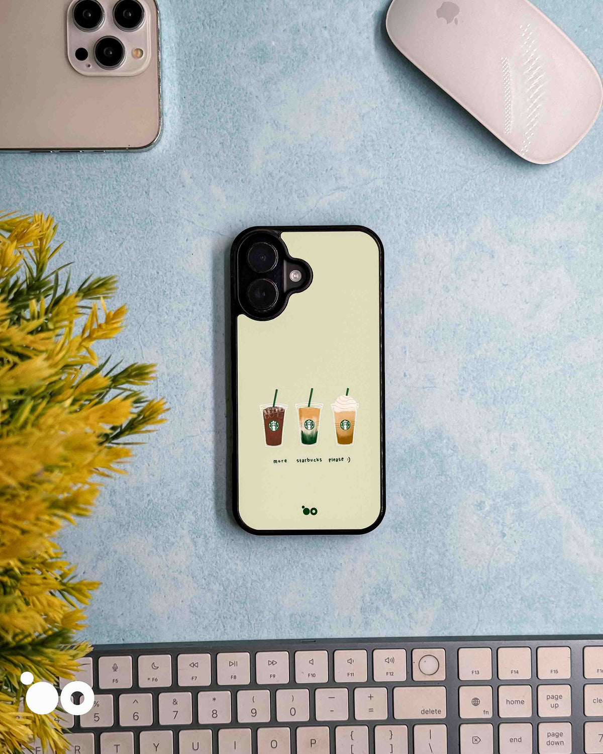 More Coffee Please iPhone case artwork with three illustrated Starbucks iced drinks and handwritten text on sage green