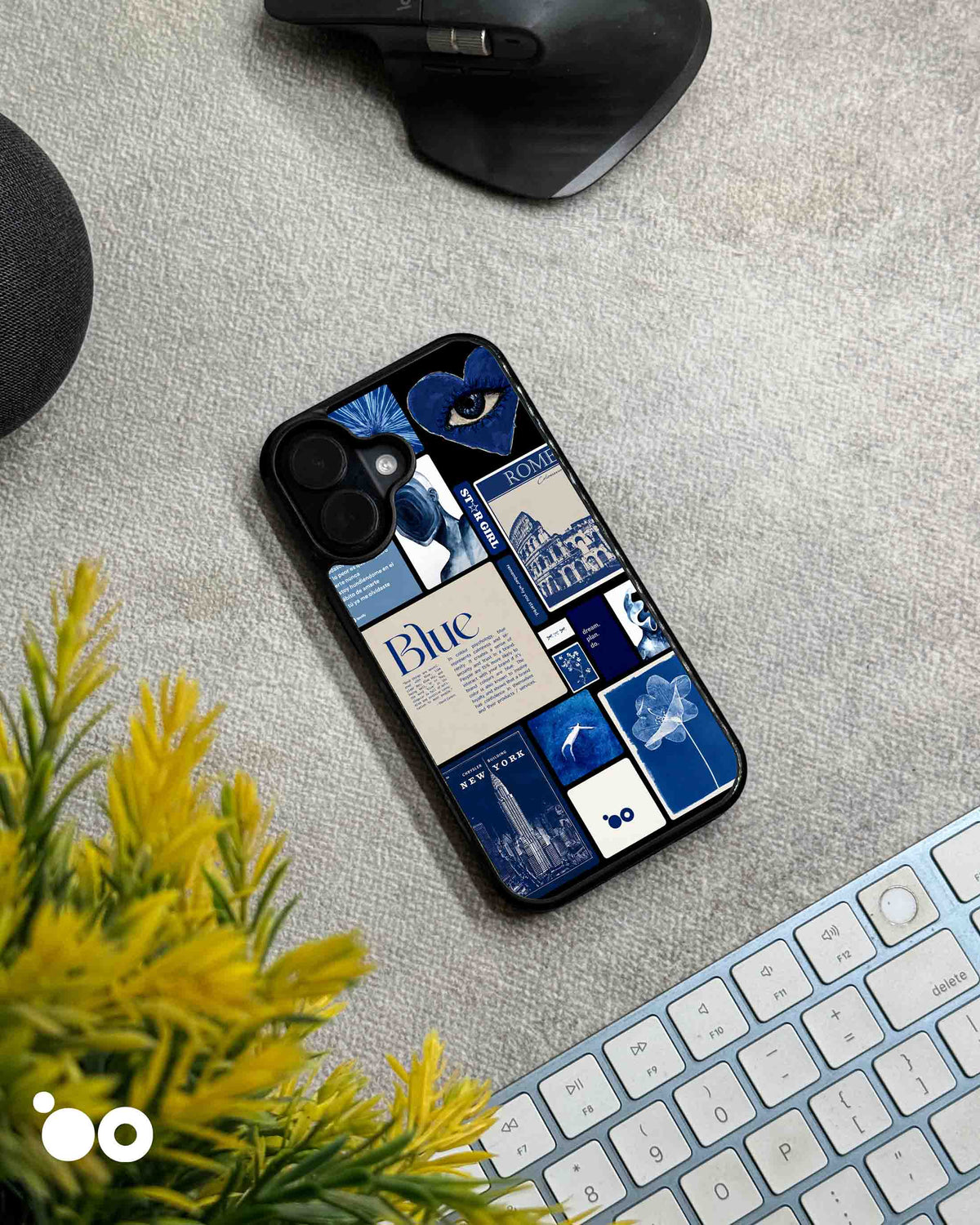 Blue Reverie designer iPhone case featuring a blue aesthetic collage of Rome, New York, floral art and vintage typography.