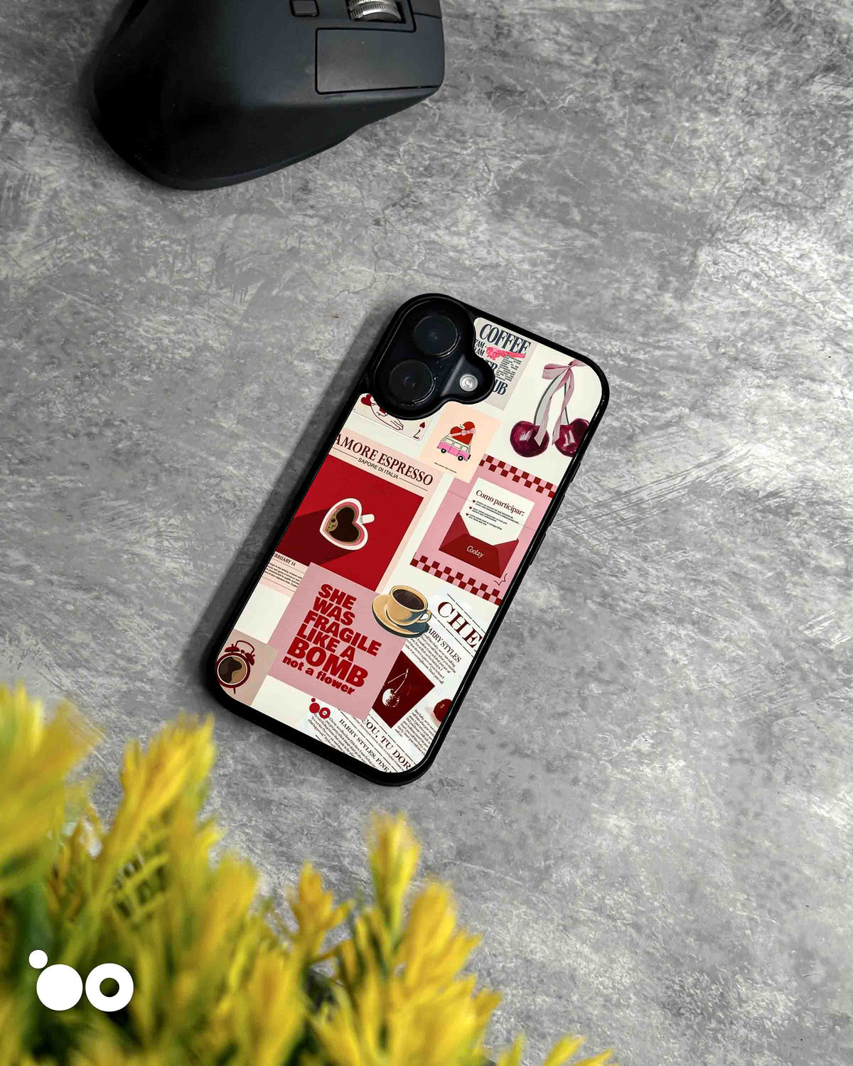Cherry Espresso designer iPhone case featuring pink and red café collage with heart-shaped coffee, cherries and retro typography.