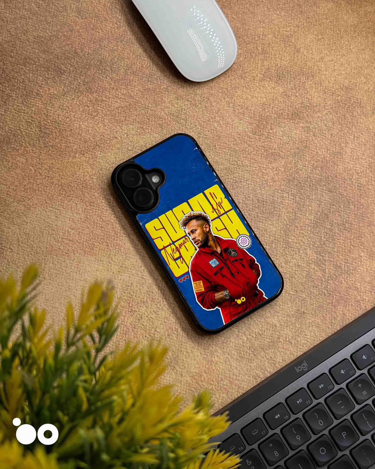 Neymar Sugar Crush iPhone case featuring Neymar Jr in a red PSG outfit with bold yellow typography on a blue background