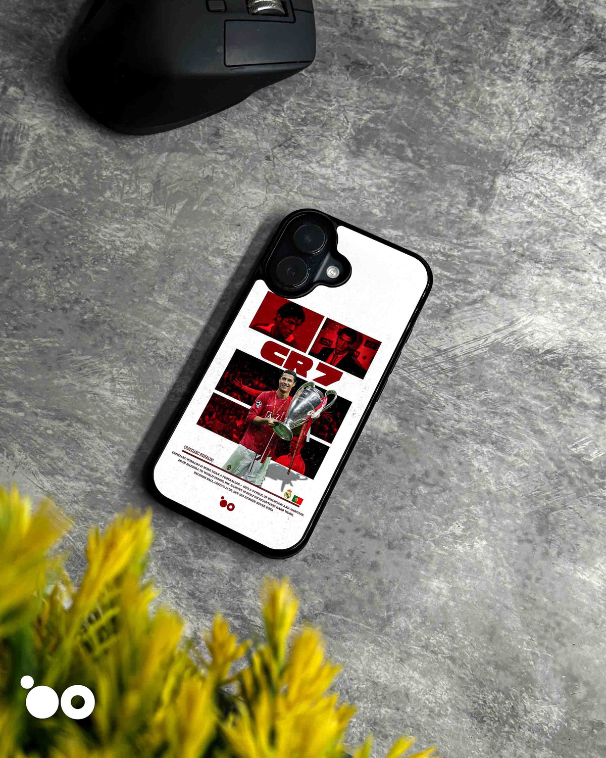 Ronaldo European Legacy iPhone case featuring Cristiano Ronaldo holding the Champions League trophy in a red CR7 collage