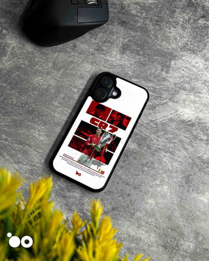 Ronaldo European Legacy iPhone case featuring Cristiano Ronaldo holding the Champions League trophy in a red CR7 collage