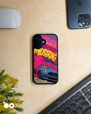 Smoke Rush iPhone case featuring a blue Ford Mustang, vibrant pink smoke and distressed yellow Mustang typography
