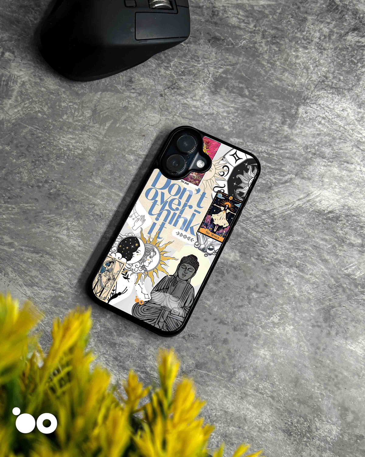 Cosmic Reverie designer iPhone case featuring celestial sun and moon artwork, tarot cards, Buddha and blue typography.