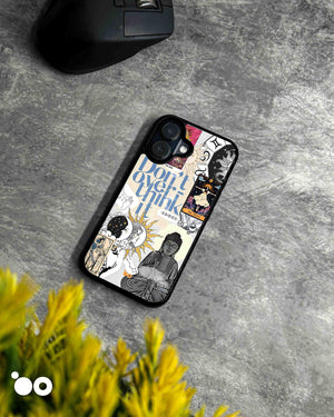 Cosmic Reverie designer iPhone case featuring celestial sun and moon artwork, tarot cards, Buddha and blue typography.