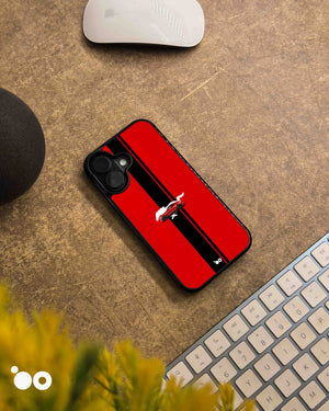 Scarlet Stallion iPhone case featuring a red Ford Mustang, white pony silhouette and black racing stripes. 