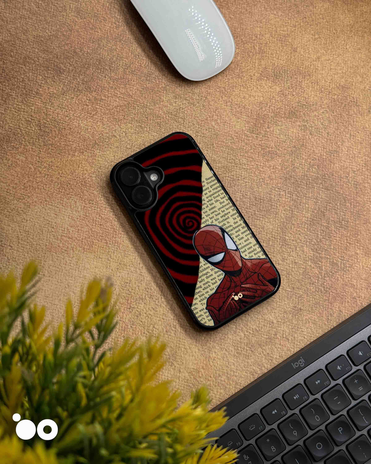 Spiral Web Spider-Man iPhone case featuring red and black hypnotic spirals, vintage book text and comic artwork
