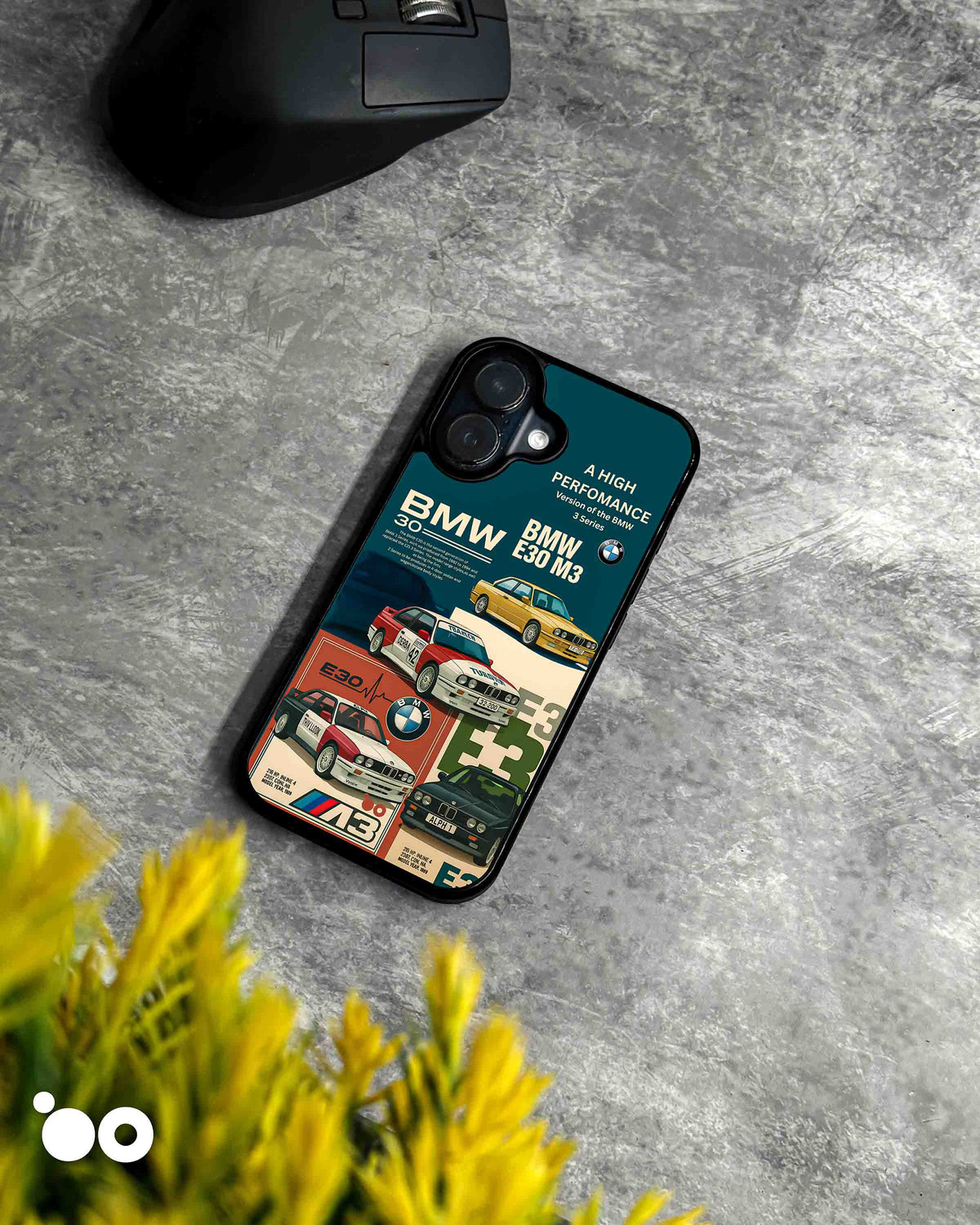 BMW E30 M3 iPhone case featuring a retro automotive collage with classic BMW sports cars, racing graphics and vintage posters.
