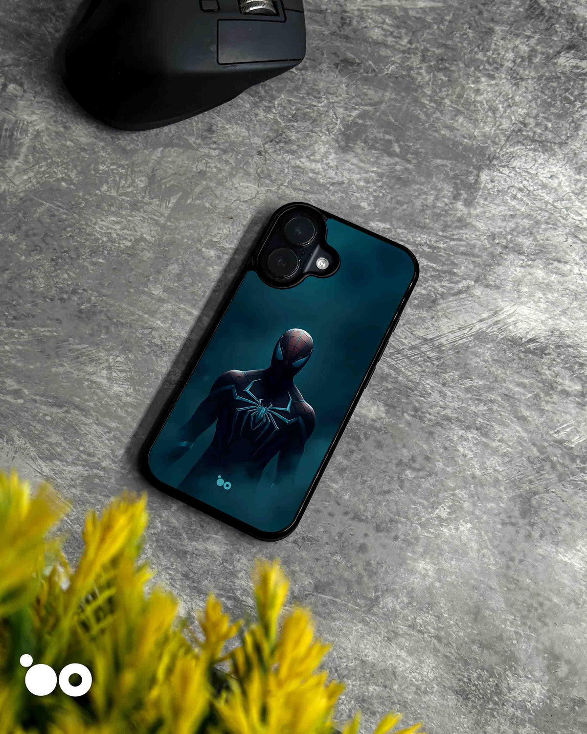 Midnight Web Spider-Man iPhone case featuring a dark superhero suit with a spider emblem against a deep blue backdrop