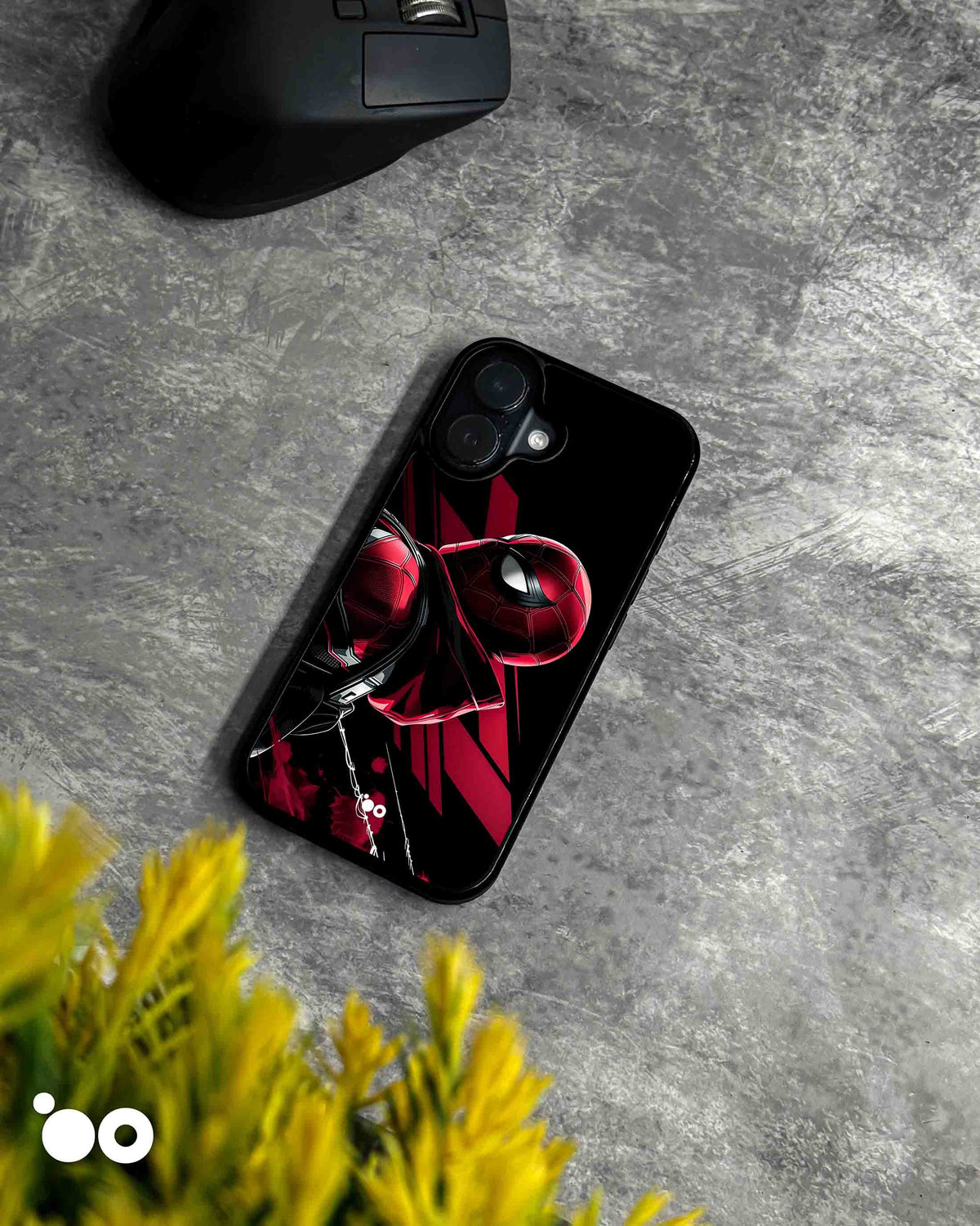 Spider-Man Noir iPhone case featuring a dramatic close-up of Spider-Man in crimson red and black against a dark background.