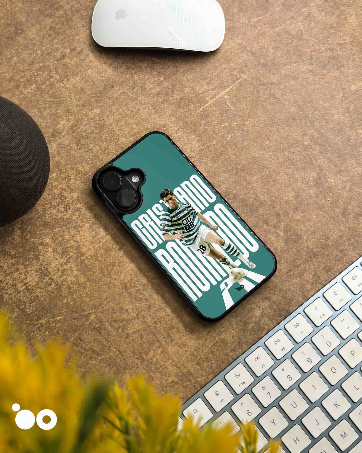 Cristiano Ronaldo Sporting CP iPhone case with green and white striped No. 28 kit design on a teal background