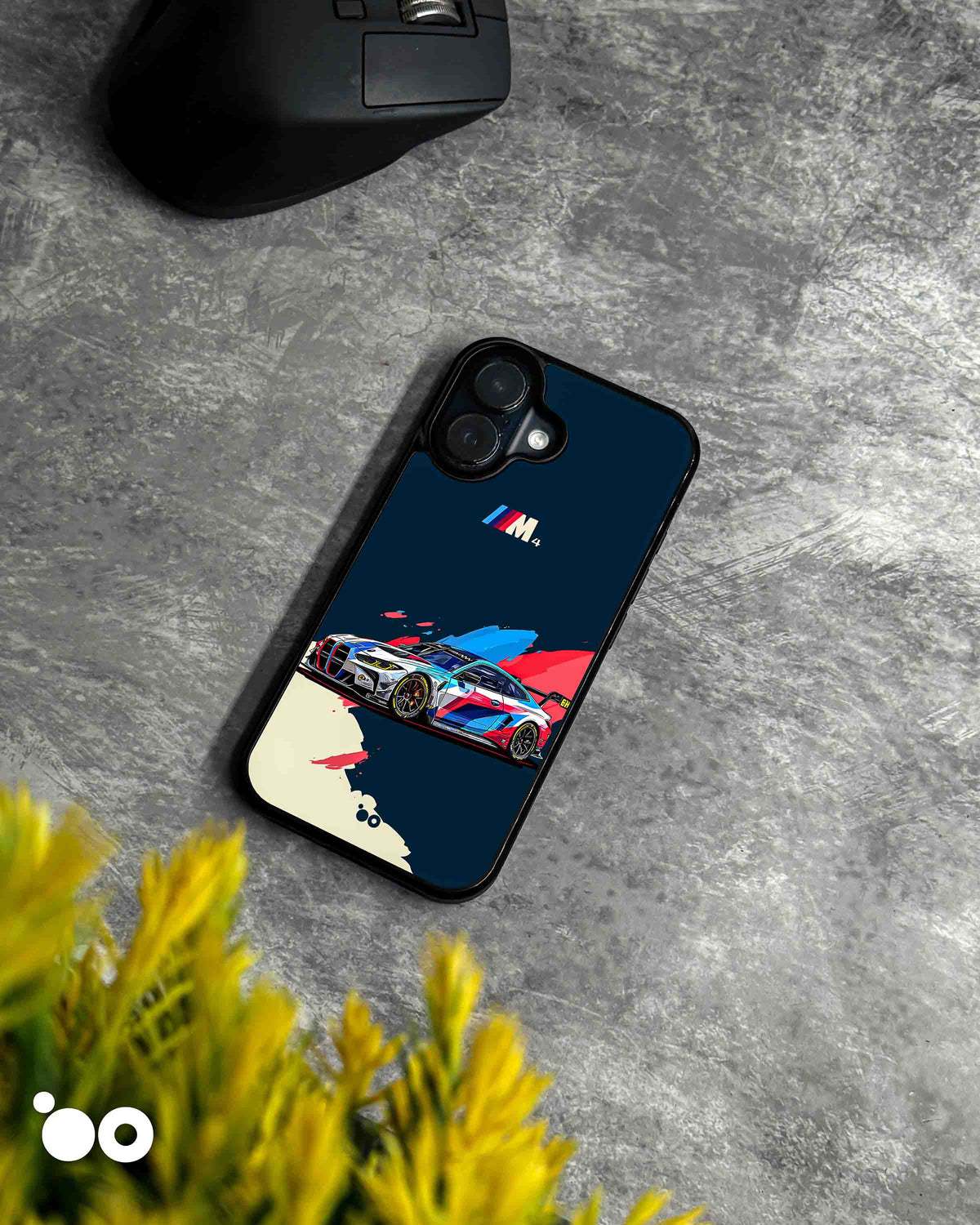 BMW M4 GT3 iPhone case featuring a motorsport race car with blue, red and white racing livery on a deep navy background.