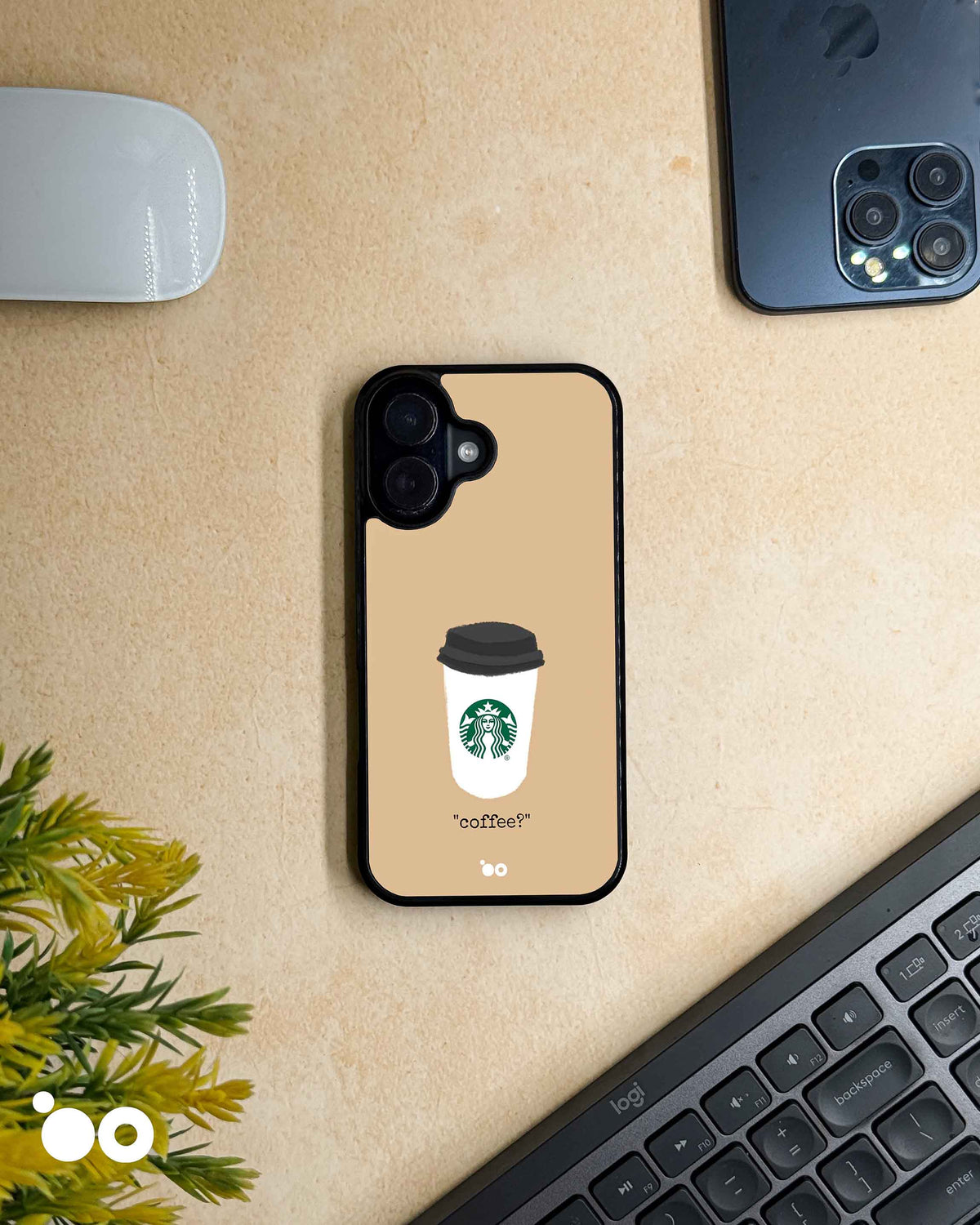 Coffee? iPhone case design with a white Starbucks takeaway cup, black lid, green siren logo and coffee lettering on beige