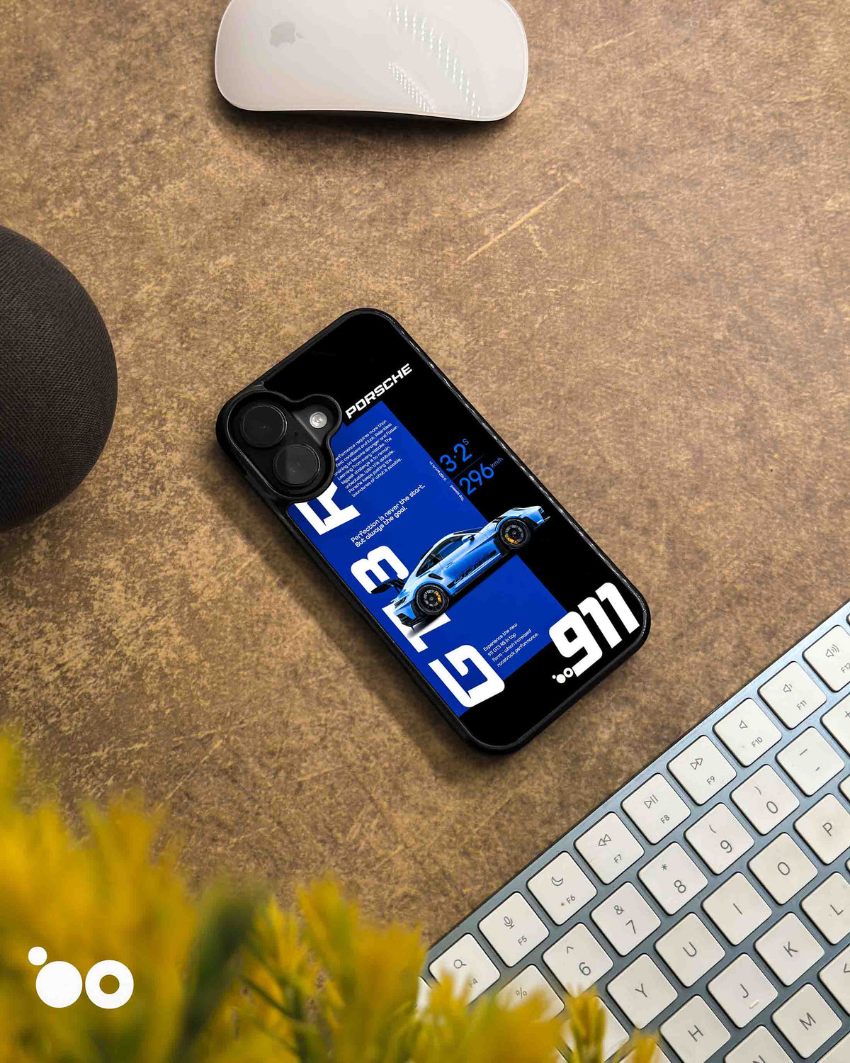 Porsche 911 GT3 RS Blue iPhone case featuring a blue sports car in side profile, bold GT3 RS typography, racing specifications and 911 graphics on a blue and black background.