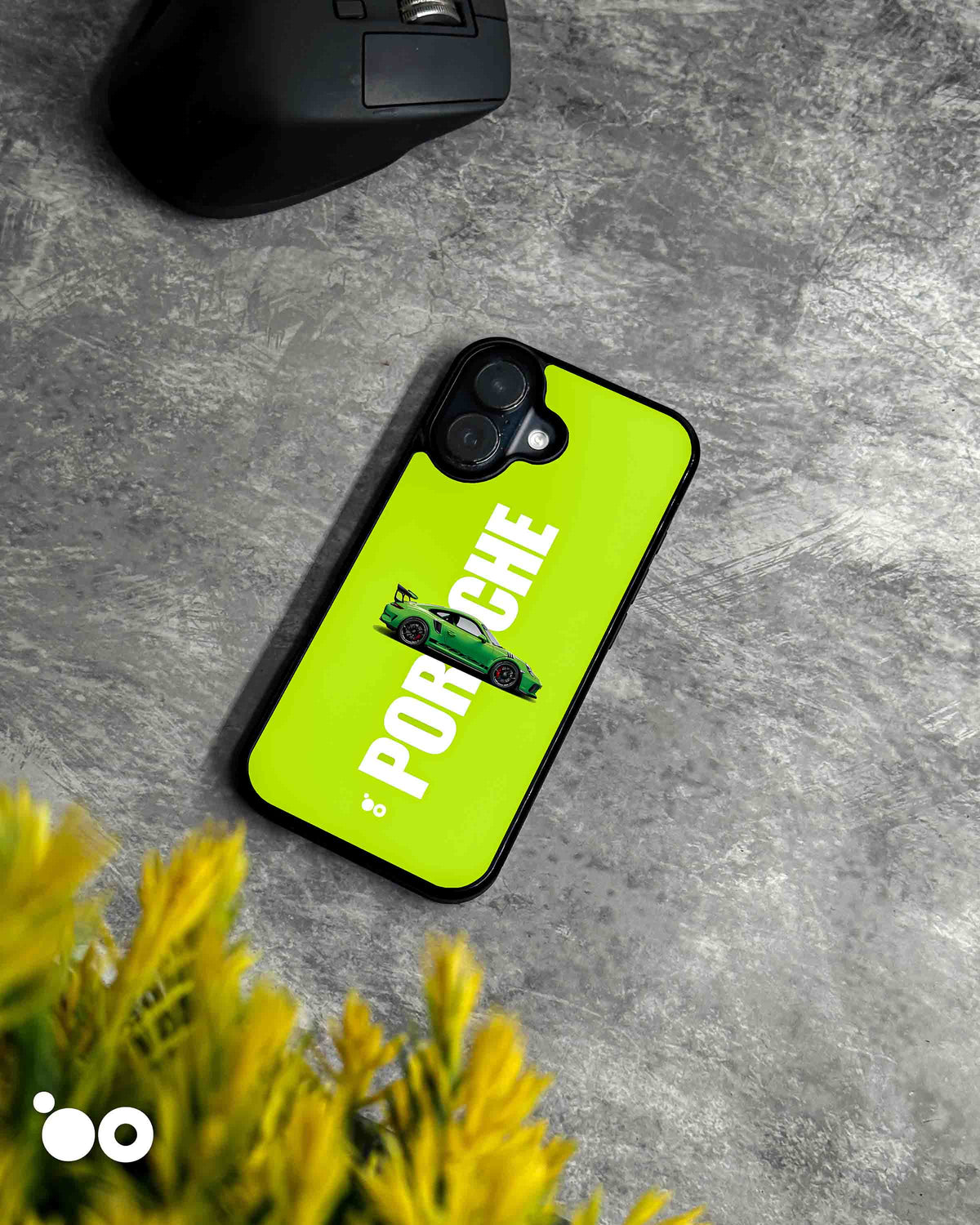 Neon GT Porsche iPhone case featuring a green sports car, bold white Porsche typography and a vibrant neon green background.