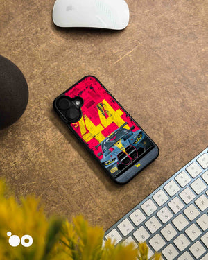 BMW M4 GT3-44 designer iPhone case featuring a front-view BMW M4 GT3 race car with bold yellow 44 graphics on red.