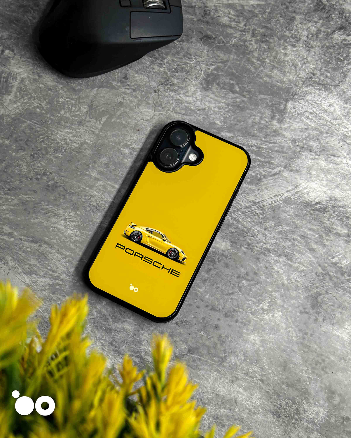 Porsche Yellow iPhone case featuring a sleek yellow Porsche sports car in side profile, minimalist black Porsche typography and a vibrant yellow background.