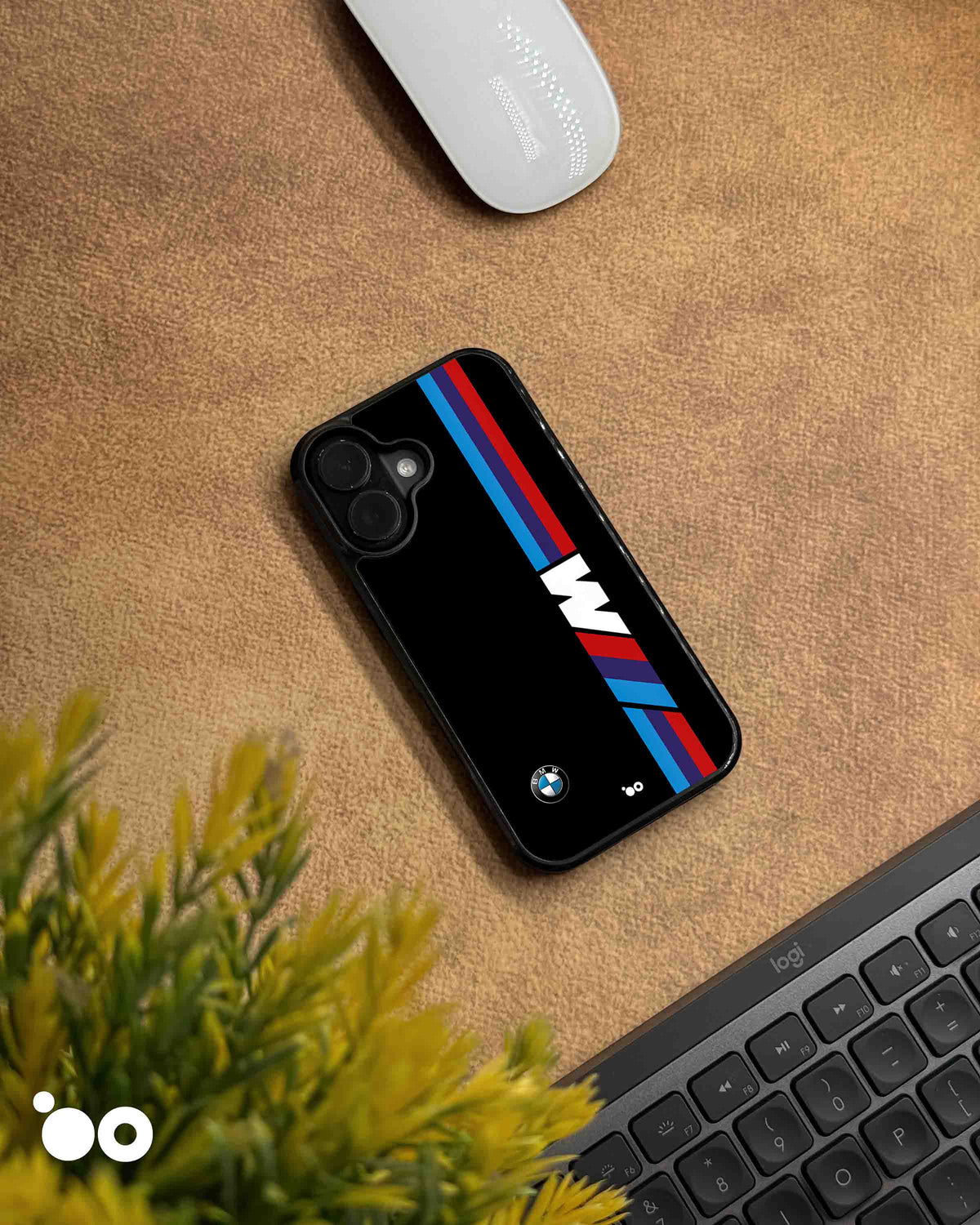 BMW M Stripes designer iPhone case featuring iconic blue, purple and red BMW M racing stripes with white M logo on black.