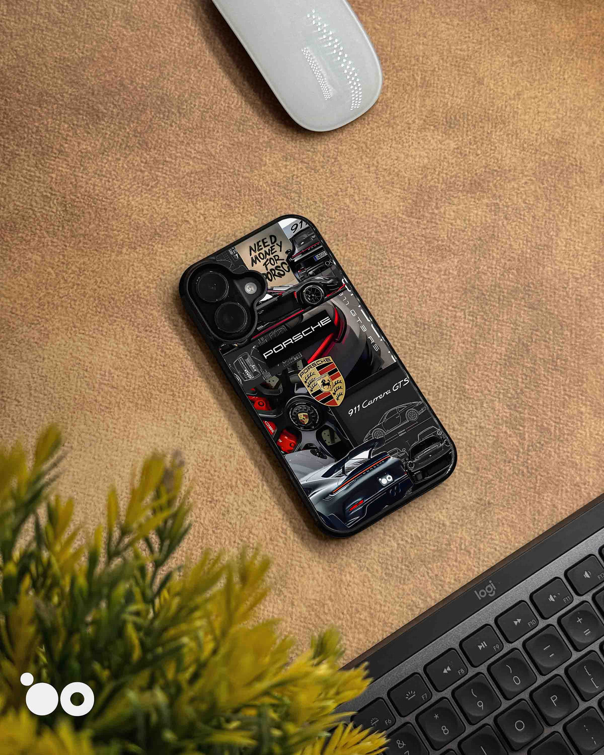 Porsche Heritage iPhone case featuring a dark automotive collage of Porsche 911 sports cars, Porsche crest, racing wheels, technical illustrations and red accents on a black background.