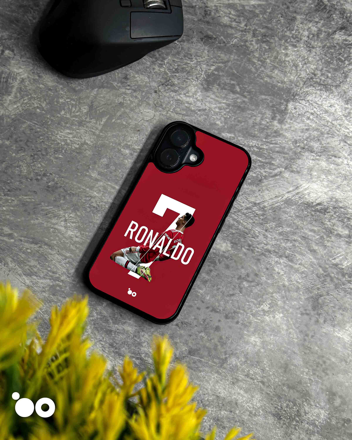 Cristiano Ronaldo No. 7 iPhone case featuring a Manchester United celebration pose on a bold red background