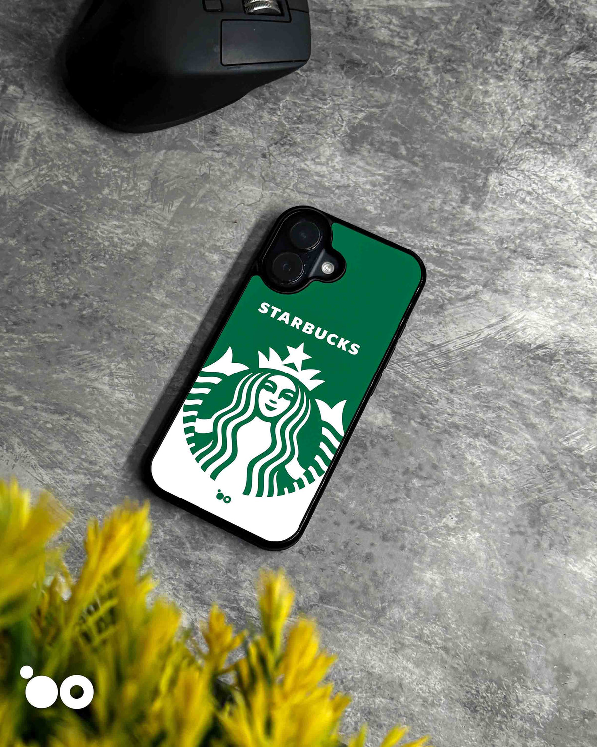 Siren Icon iPhone case design with oversized white Starbucks siren logo and bold lettering on a green background