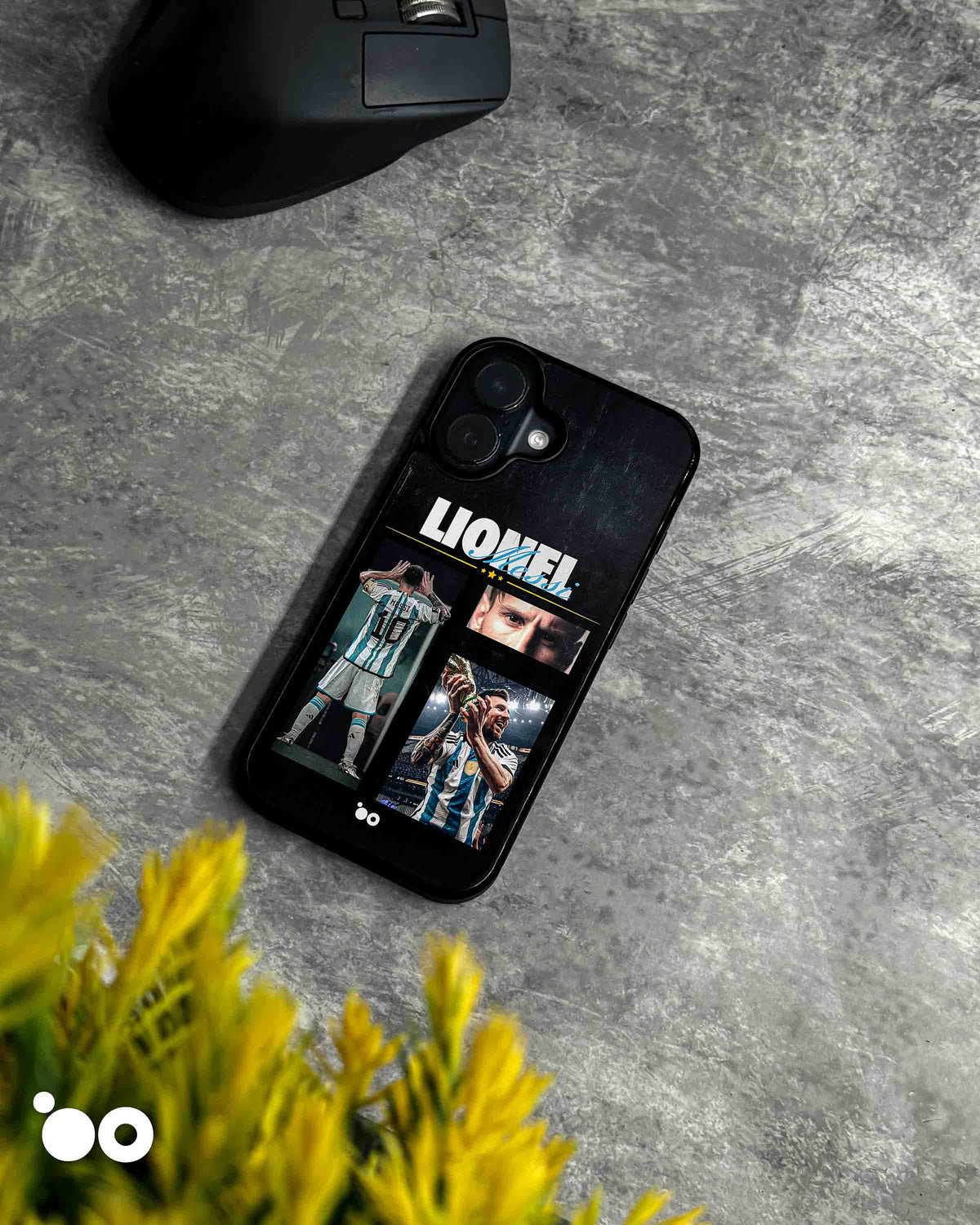 Lionel Messi Golden Moment iPhone case with Argentina No. 10, trophy celebration photos and a black collage design