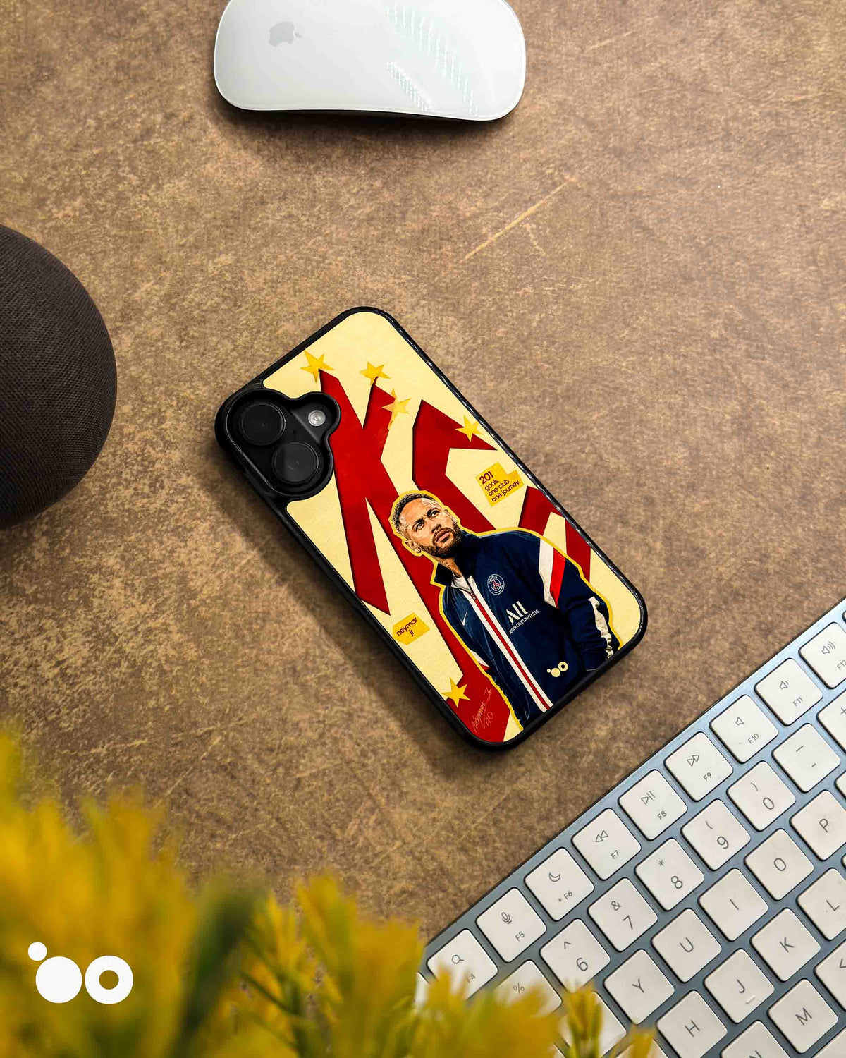 Neymar Paris iPhone case featuring Neymar Jr in a navy PSG jacket with bold red graphics and yellow stars