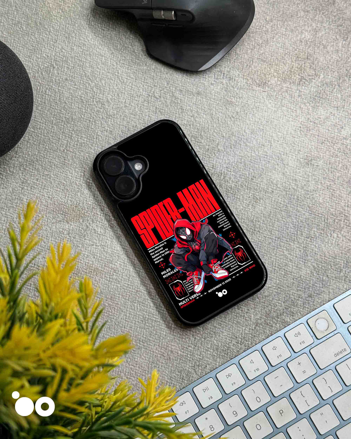 Miles Morales Spider-Man iPhone case featuring his black and red suit, bold red typography and comic-style poster artwork.