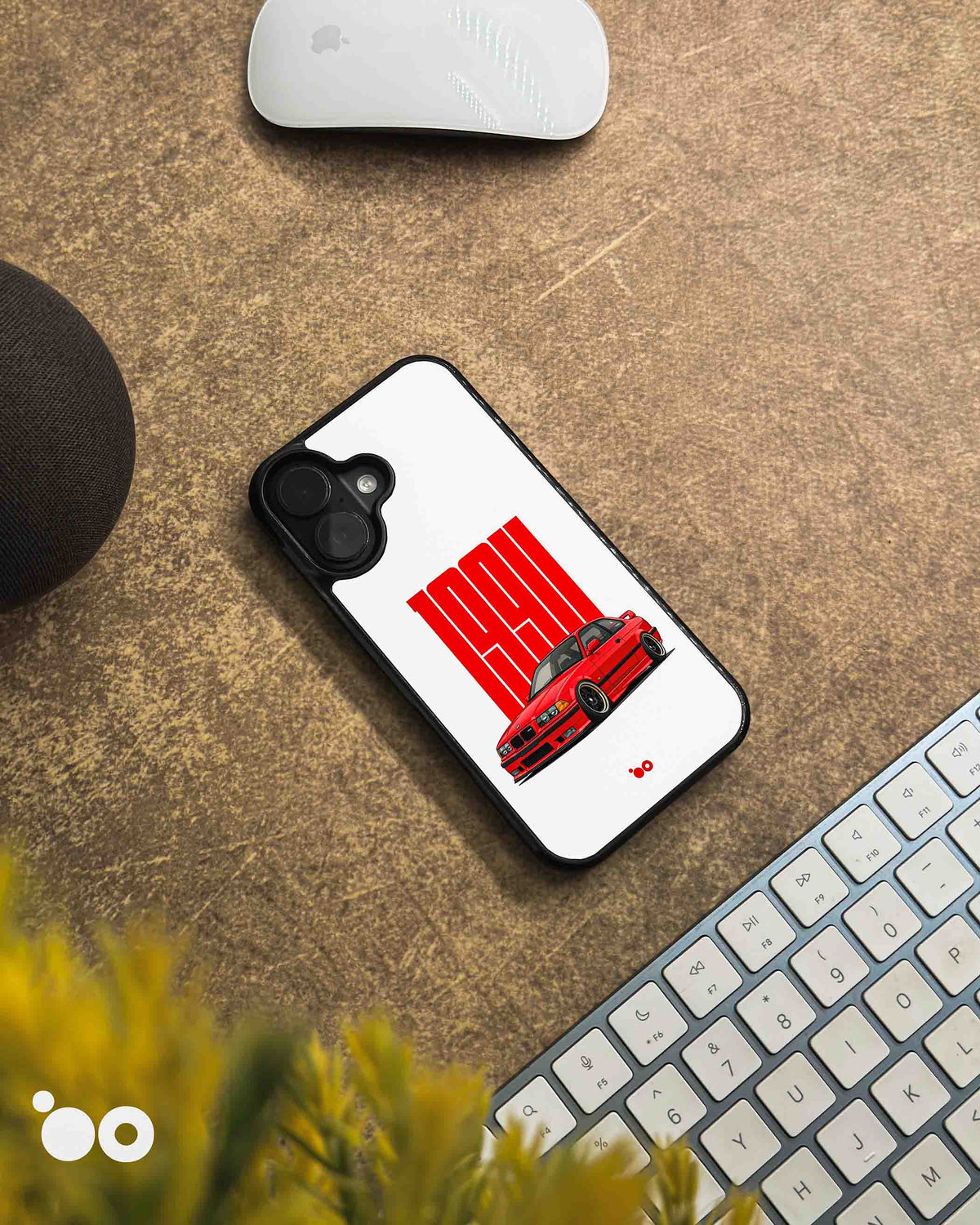 BMW E36 M3 iPhone case featuring a classic red BMW sports coupe with bold red typography on a clean white background.