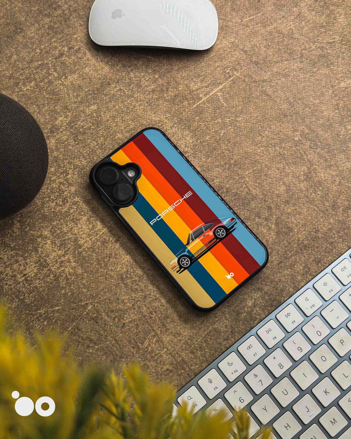 Heritage Stripe Porsche iPhone case featuring a classic 911 sports car, retro multicolour vertical stripes and Porsche lettering.