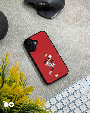 Cristiano Ronaldo Red Motion iPhone case featuring minimalist football artwork of CR7 in action on a red background