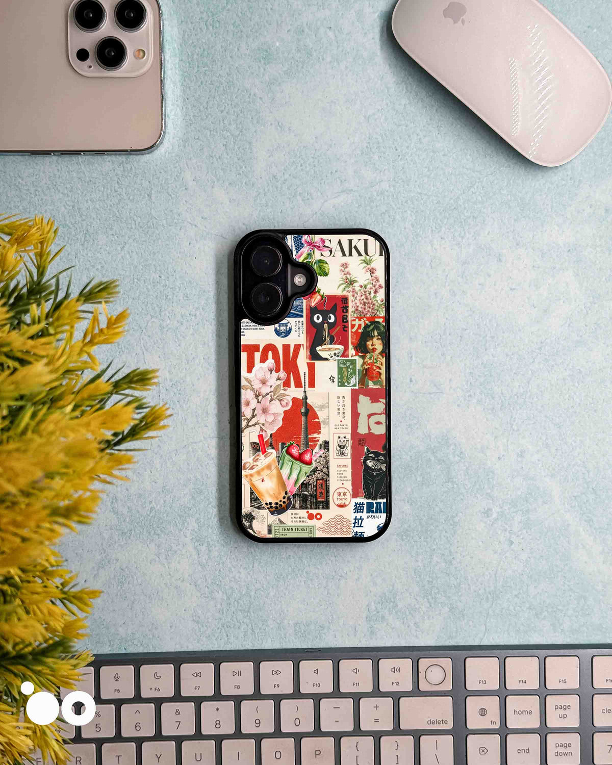 Tokyo Aftertaste designer iPhone case with Japanese street art collage, cherry blossoms, black cats and bubble tea.