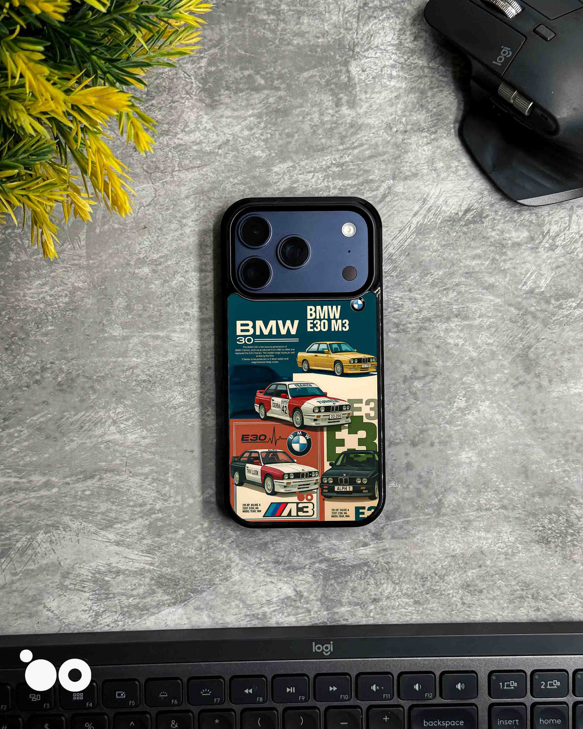 BMW E30 M3 iPhone case featuring a retro automotive collage with classic BMW sports cars, racing graphics and vintage posters.