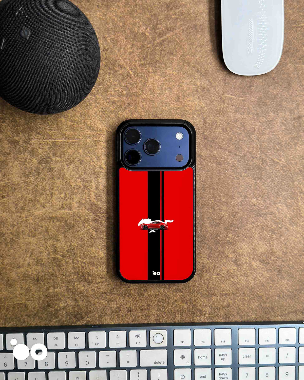 Scarlet Stallion iPhone case featuring a red Ford Mustang, white pony silhouette and black racing stripes. 