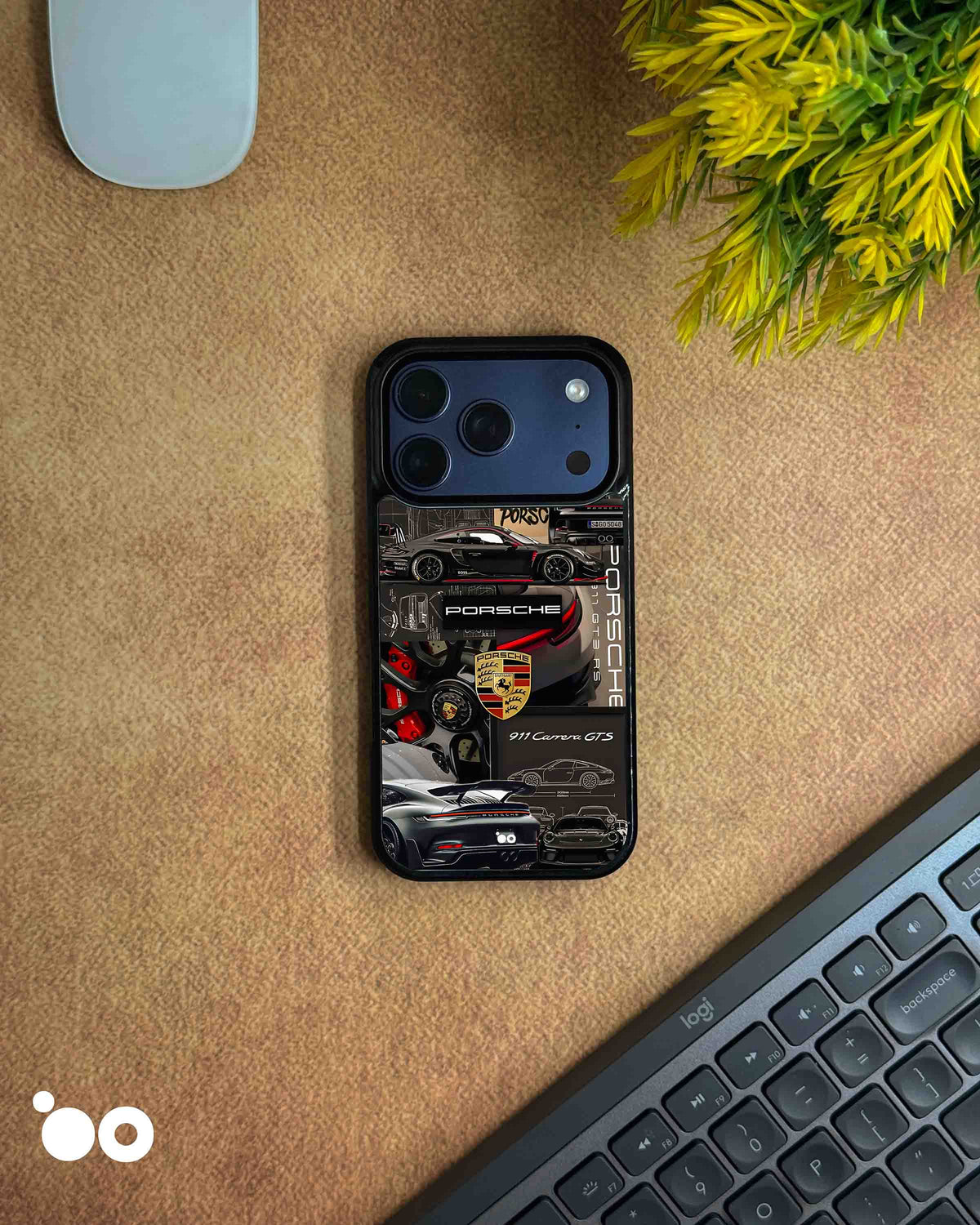 Porsche Heritage iPhone case featuring a dark automotive collage of Porsche 911 sports cars, Porsche crest, racing wheels, technical illustrations and red accents on a black background.