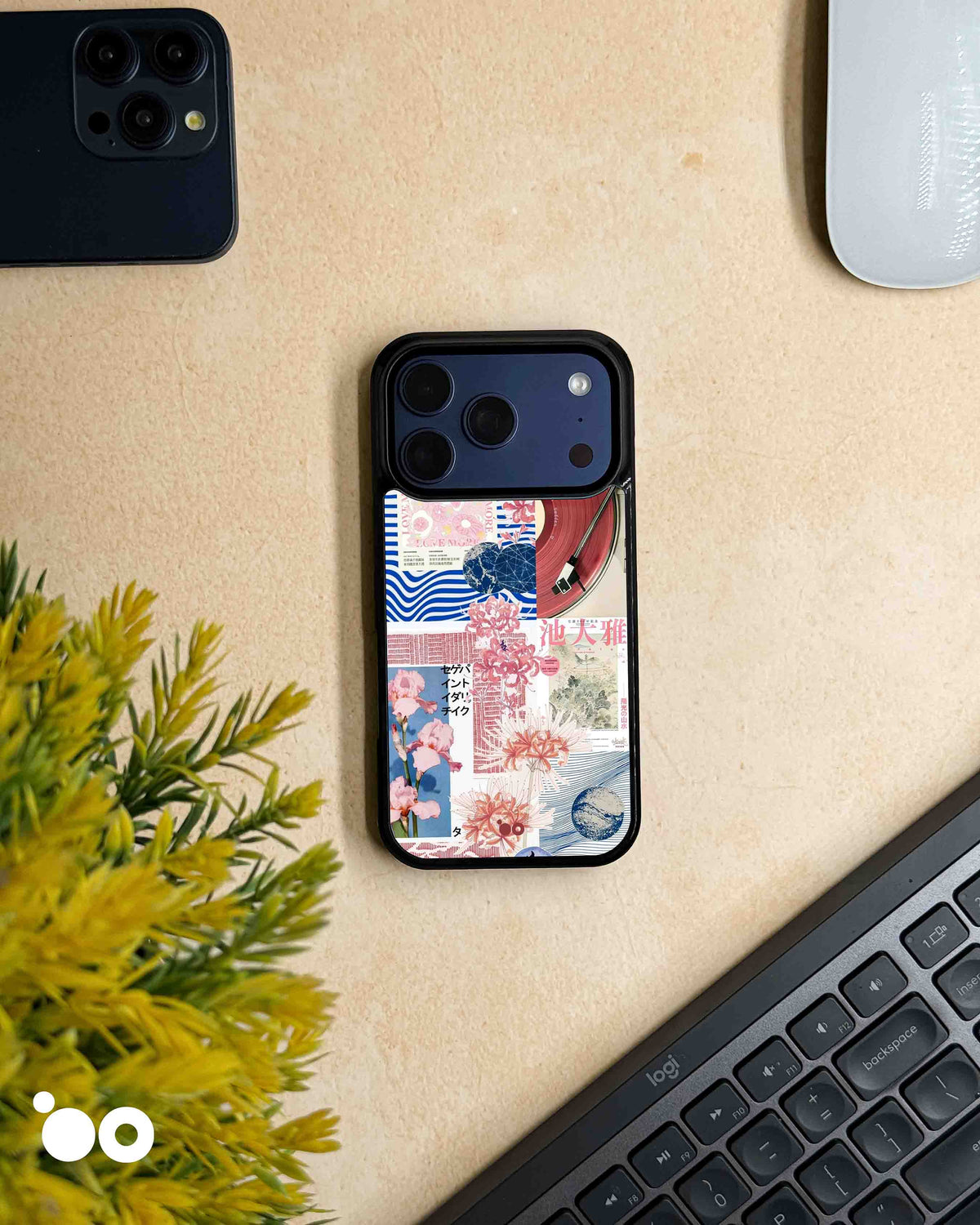 Sakura Frequency designer iPhone case featuring pink Japanese florals, vintage vinyl record, blue waves and retro typography.