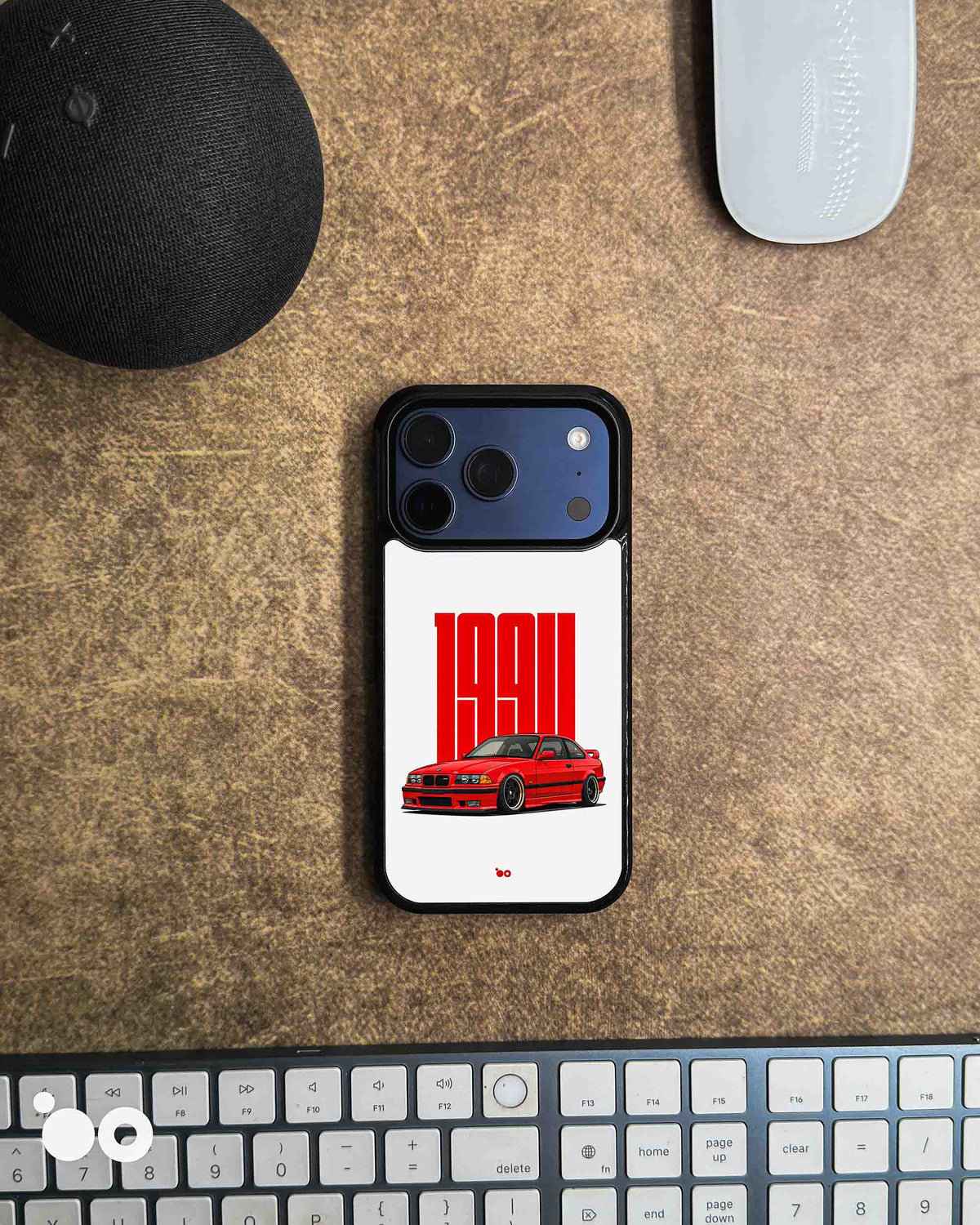 BMW E36 M3 iPhone case featuring a classic red BMW sports coupe with bold red typography on a clean white background.