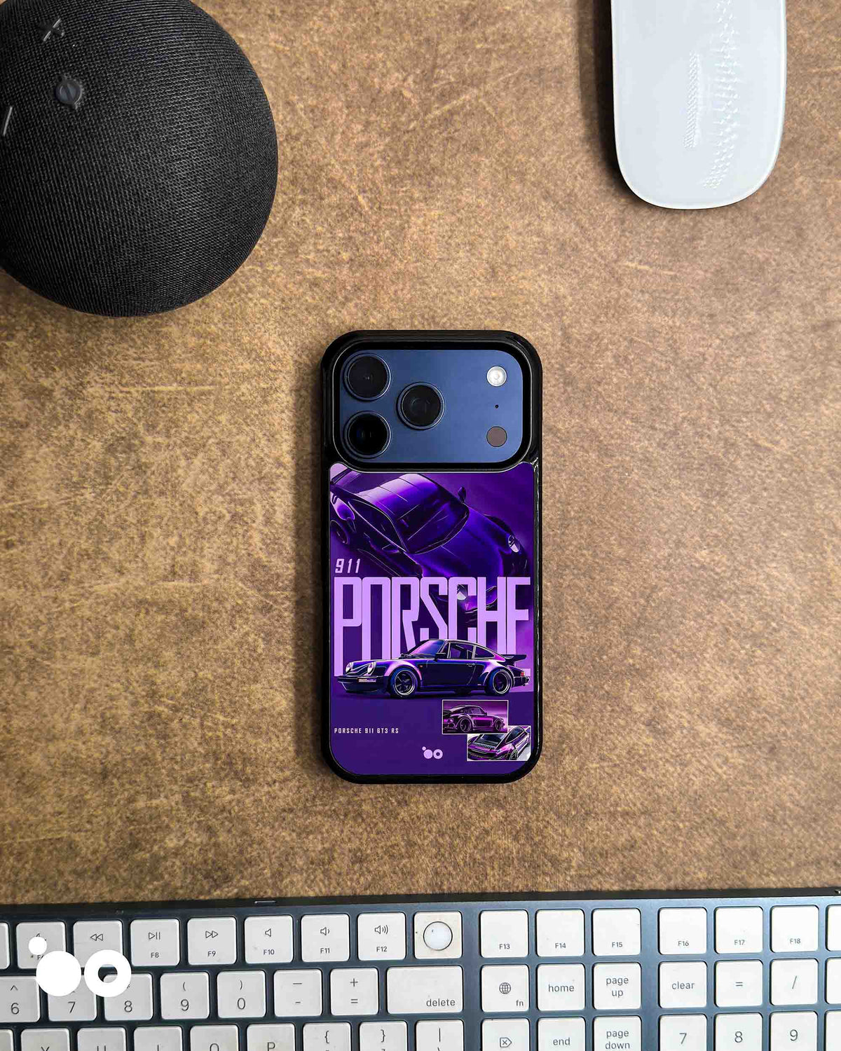 Porsche Purple iPhone case featuring a Porsche 911 GT3 RS in a deep purple automotive collage with oversized Porsche typography, layered sports car imagery and violet racing graphics.