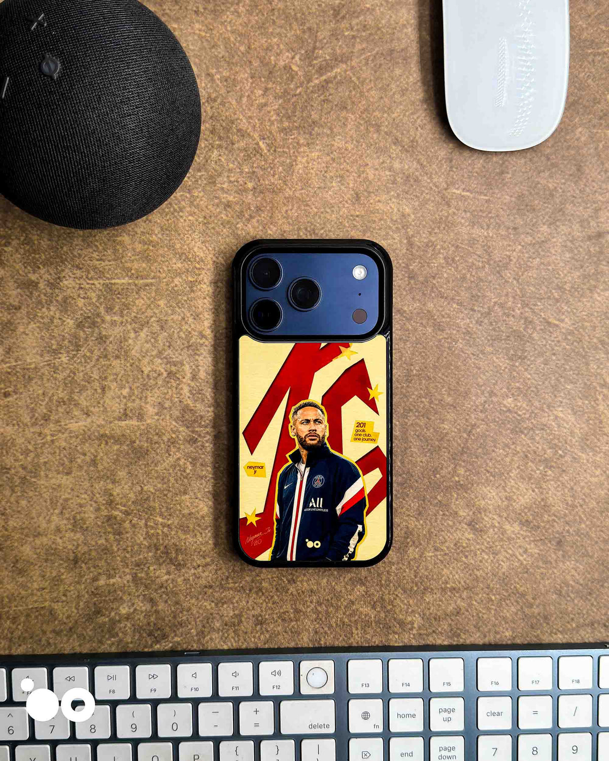 Neymar Paris iPhone case featuring Neymar Jr in a navy PSG jacket with bold red graphics and yellow stars