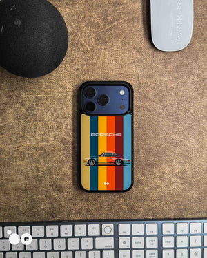 Heritage Stripe Porsche iPhone case featuring a classic 911 sports car, retro multicolour vertical stripes and Porsche lettering.