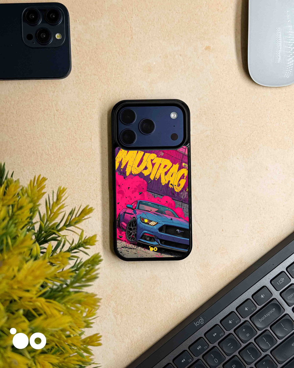 Smoke Rush iPhone case featuring a blue Ford Mustang, vibrant pink smoke and distressed yellow Mustang typography
