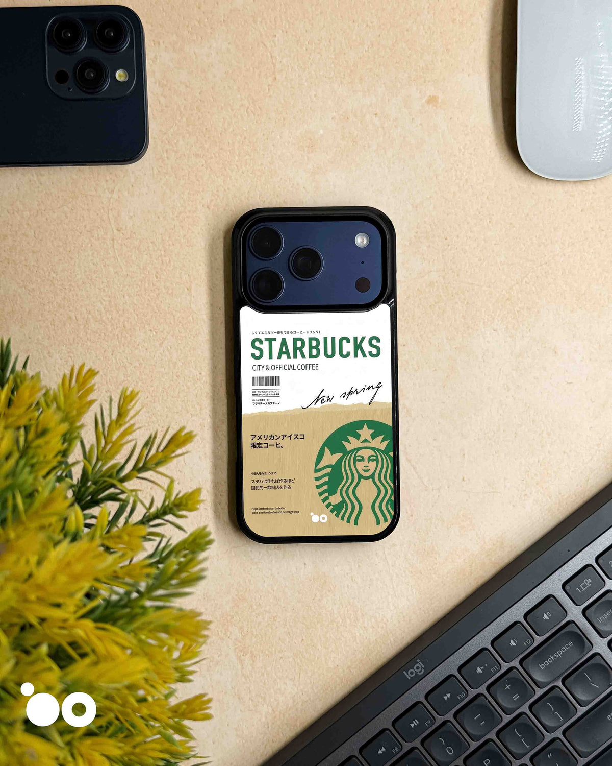 Spring Edition iPhone case artwork with green Starbucks lettering, Japanese text, spring script and siren logo on beige