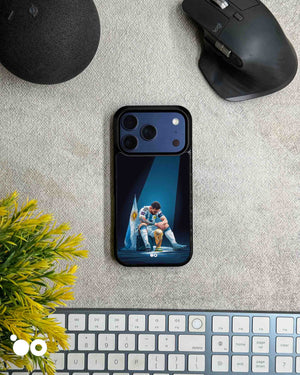 Lionel Messi After Glory iPhone case featuring Messi seated beside the World Cup trophy with Argentina flag and blue spotlight