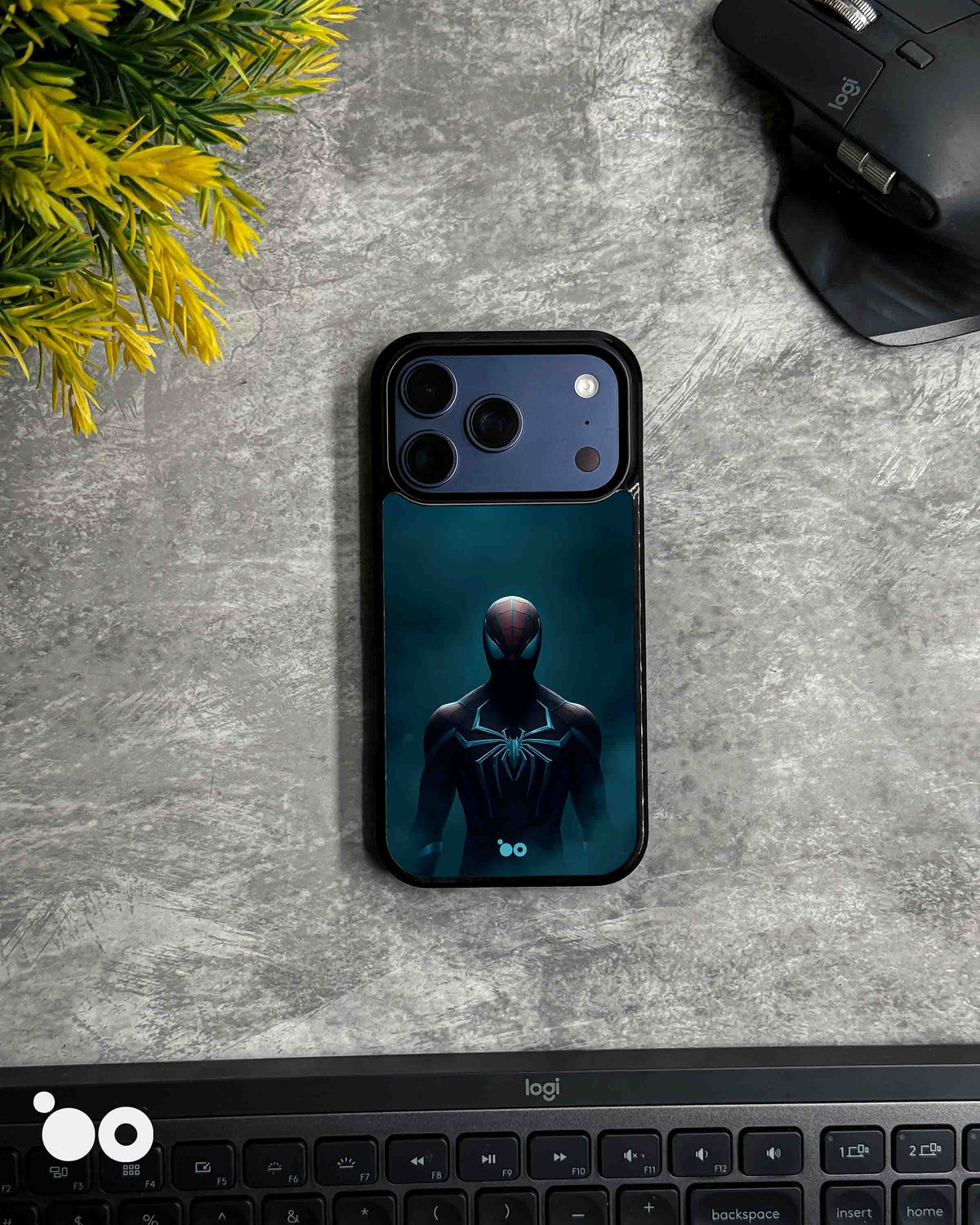 Midnight Web Spider-Man iPhone case featuring a dark superhero suit with a spider emblem against a deep blue backdrop