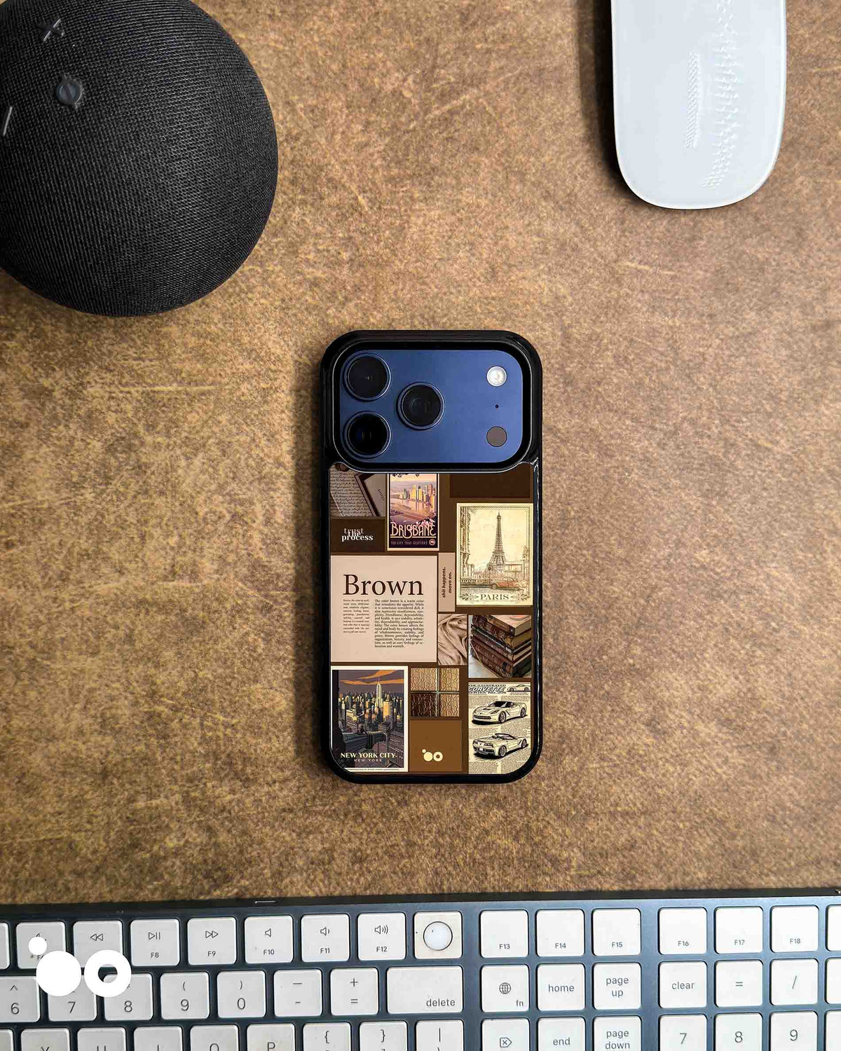 Brown Archive designer iPhone case featuring a vintage brown collage of Paris, New York, books and sports cars.