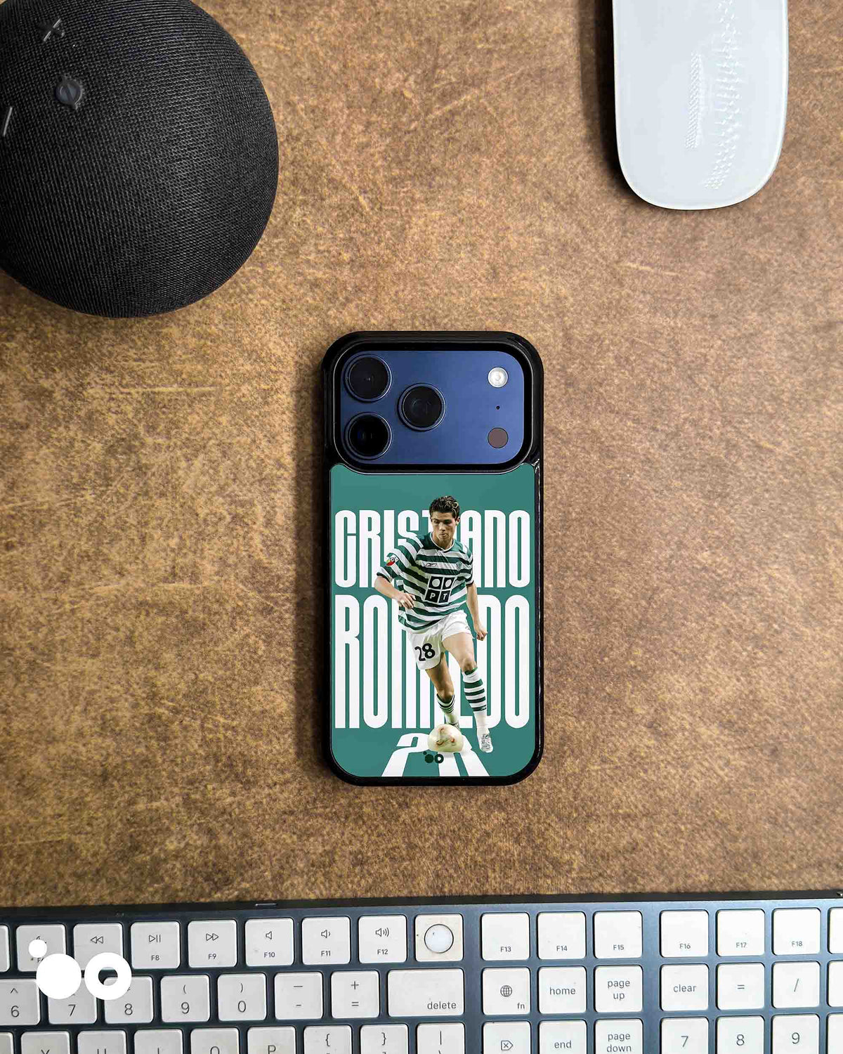 Cristiano Ronaldo Sporting CP iPhone case with green and white striped No. 28 kit design on a teal background
