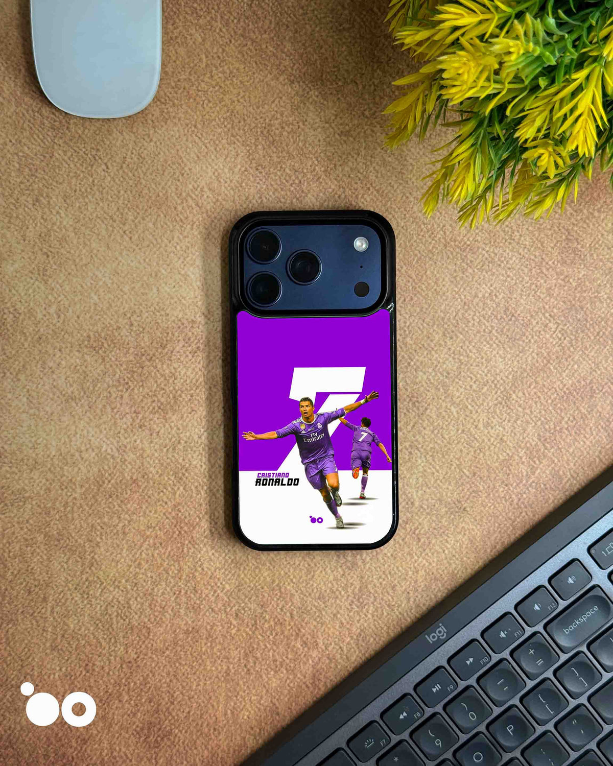 Cristiano Ronaldo Real Madrid iPhone case featuring CR7 in a purple football kit with bold No. 7 artwork