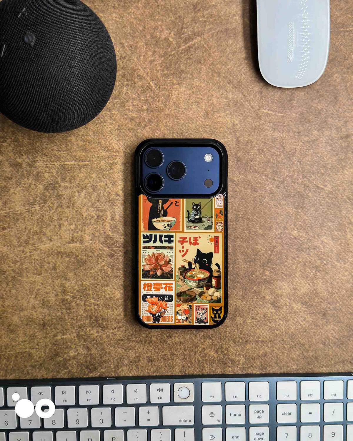 Neko Ramen Club designer iPhone case featuring Japanese black cat ramen art, sushi, orange flowers and retro posters.