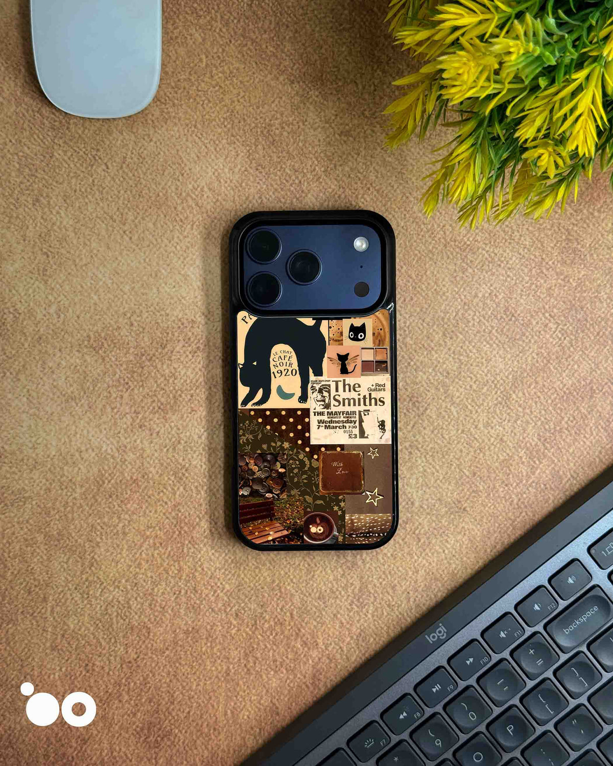 Indie Autumn designer iPhone case featuring black cats, The Smiths music posters, vintage café art and earthy autumn tones.