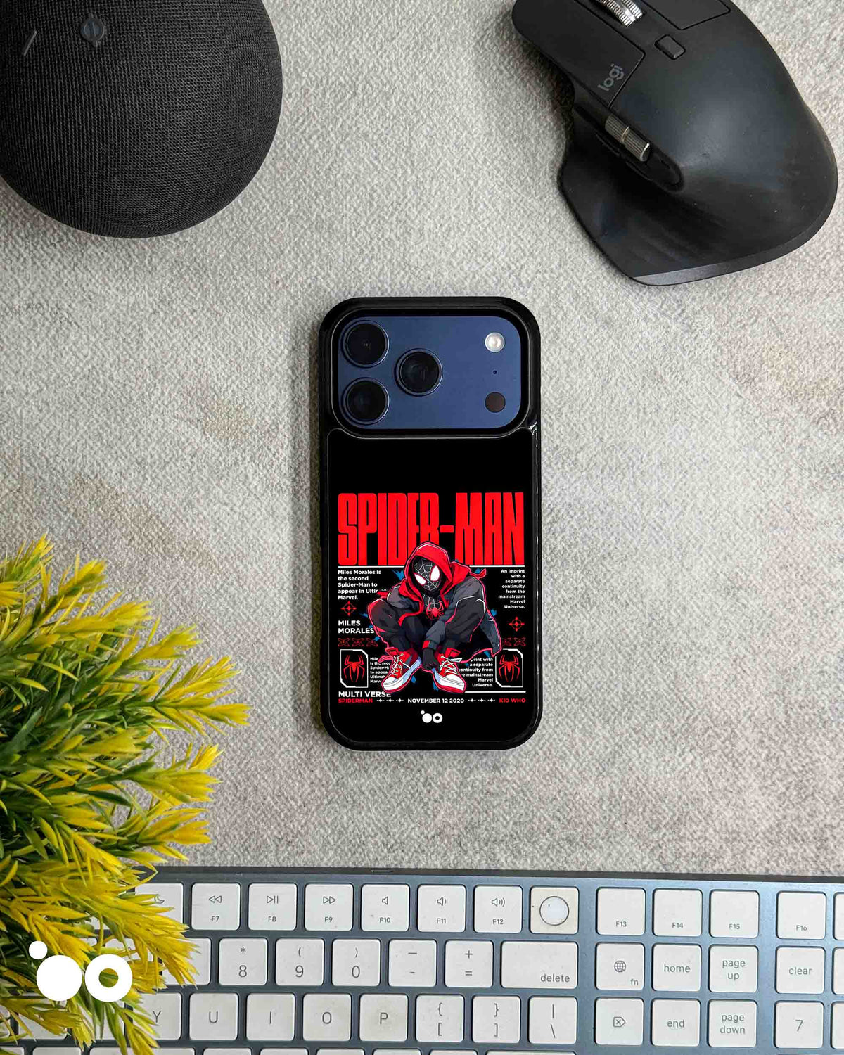 Miles Morales Spider-Man iPhone case featuring his black and red suit, bold red typography and comic-style poster artwork.